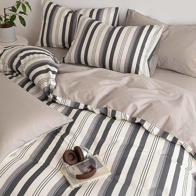 Striped Twin XL Duvet Cover Off White Charcoal Gray Twin XL Comforter Cover Cotton Boho Patterned Soft Duvet Cover Set with Hidden Zipper Vertical Stripe Bedding Set Farmhouse Duvet Protector