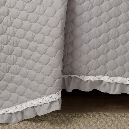 Lush Decor Ella Ruffle Lace Quilt, 3 Piece Set, King, Light Gray - Cute Quilt - King Bedding Set - Gray Bedding - Coquette Decor - Ruffle Trim - Lace Trim