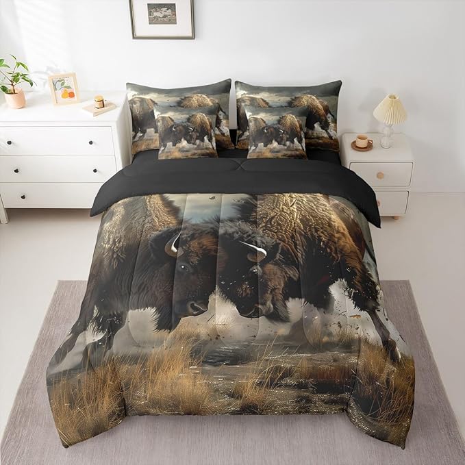 Erosebridal Indian Bison Comforter Set 7 Piece Bed in a Bag Twin,Bullfight Competitive Sports Bedding Sets Bull Western Animals Sheet Set with Comforter