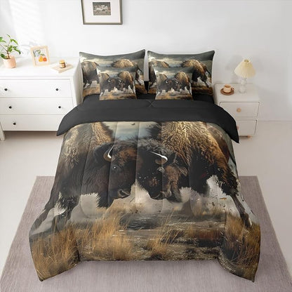 Erosebridal Indian Bison Bed in a Bag Queen Comforter Set 7 Piece,Bullfight Competitive Sports Bedding Sets Bull Western Animals Sheet Set with Comforter