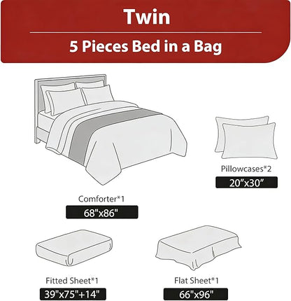 Girls Twin Size Bed in A Bag for Kids, 5Pcs Pink Rose Comforter Set Priness Rabbit Bear Bedding, 1 Quilted Comforter(68"x86")&2 Pillowcase&1 Flat Sheet &1 Fitted Sheet