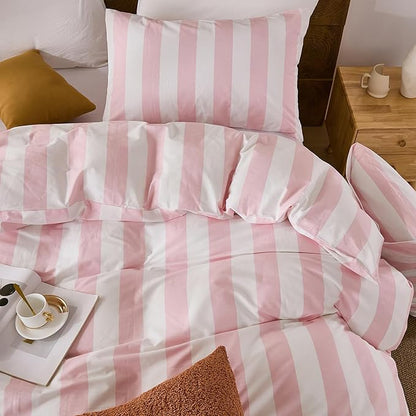 Merryword Pink and White Striped Duvet Cover Set Queen Size, 100% Cotton Bedding Set with Zipper Closure & 8 Corner Ties, Luxury Linen Like Bedding, Soft Breathable Comforter Cover for All Seasons