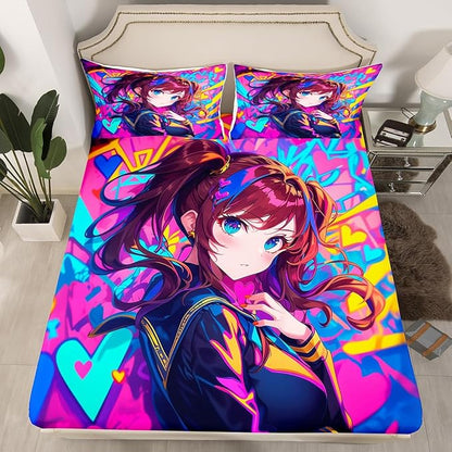 Erosebridal Anime Girl Queen Fitted Sheet, Japanese Anime Bed Sheets for Kids Girls Teens Adult Bedroom, Cartoon Girl Bedding Set Kawaii Japanese Animation Sheets 3 Piece, Purple