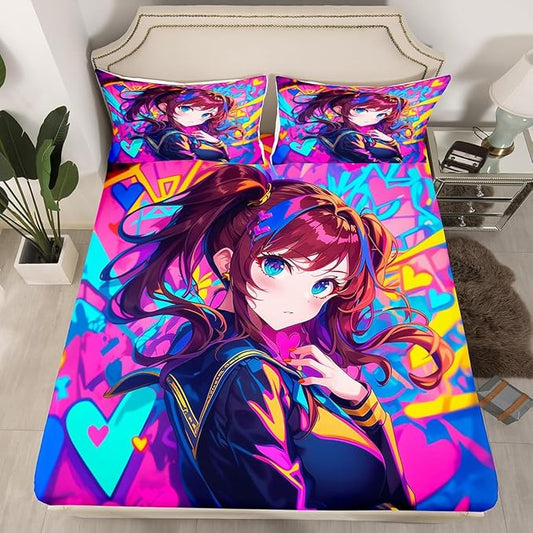 Erosebridal Anime Girl Twin Fitted Sheet, Japanese Anime Bed Sheets for Kids Girls Teens Adult Bedroom, Cartoon Girl Bedding Set Kawaii Japanese Animation Sheets 2 Piece, Purple