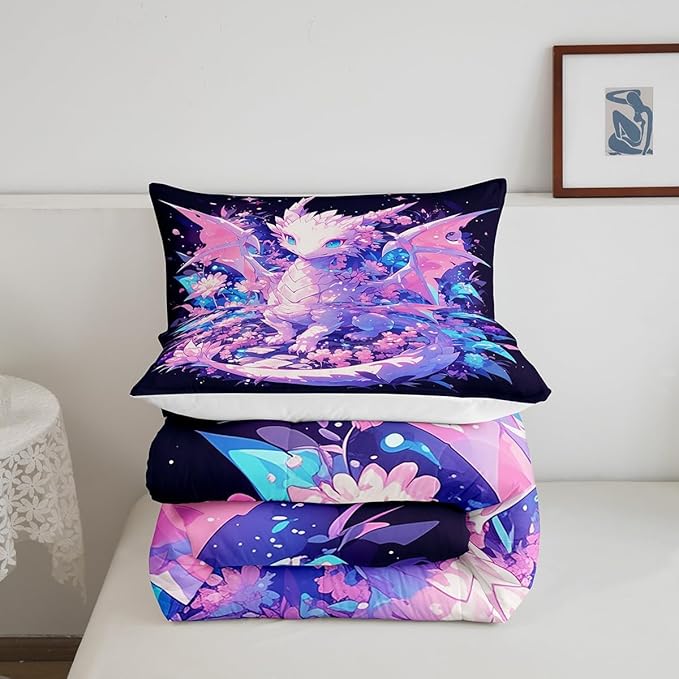 Castle Fairy Kids Dragon Twin Size Comforter Set,Cartoon Dragon Wildlife Quilt Set Soft Bed Collection,Watercolor Flower Bedding Comforter for Boys Girls Room Decor,2 Pcs