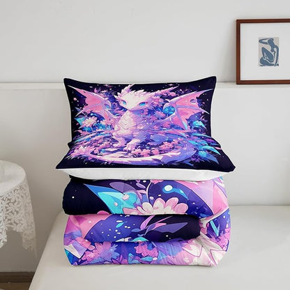 Castle Fairy Kids Dragon Kids Comforter Set,Cartoon Dragon Wildlife Bedding Set All Season,Watercolor Flower Comforter 2 Pcs with 1 Pillowcase,Toddler Size