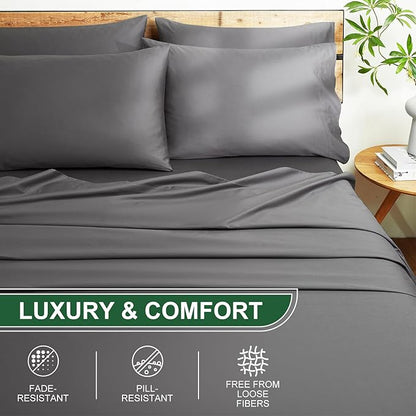 Ivellow 100% Egyptian Cotton Sheets Queen Size Set - 1200 Thread Count 6 PC 18" Deep Pocket Queen Size Bed Sheet Set，Luxury Soft Breathable Grey Cooling Sheet Sets Durable Hotel Quality Bedding