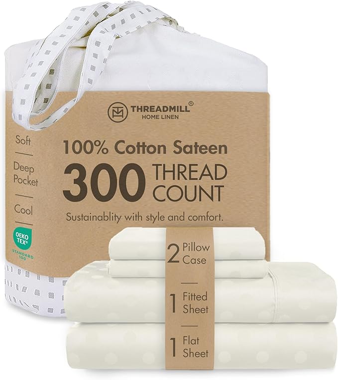 Threadmill Cotton Full Size Sheet Set | 100% Cotton Sheets for Full Size Bed | Damask Jacquard Full Bed Sheets Set with 16” Deep Pocket | Soft Sateen Weave 4-Piece Cooling Bedding Set | Ivory