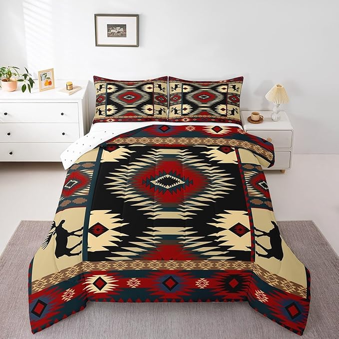 Feelyou Boho Comforter Set King Size Rustic Comforter for Boys Girls Teens Cabin Bedding Set Retro Duvet Set Room Decor Auburn Quilt Set
