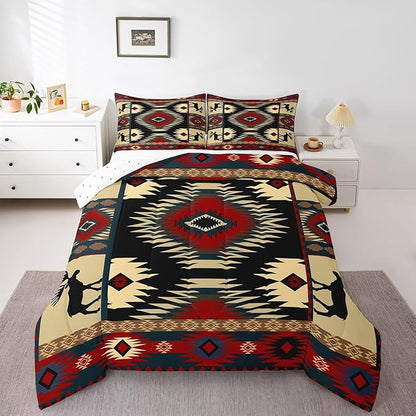 Feelyou Boho Comforter Set Toddler Size Rustic Comforter for Boys Girls Teens Cabin Bedding Set Retro Duvet Set Room Decor Auburn Quilt Set