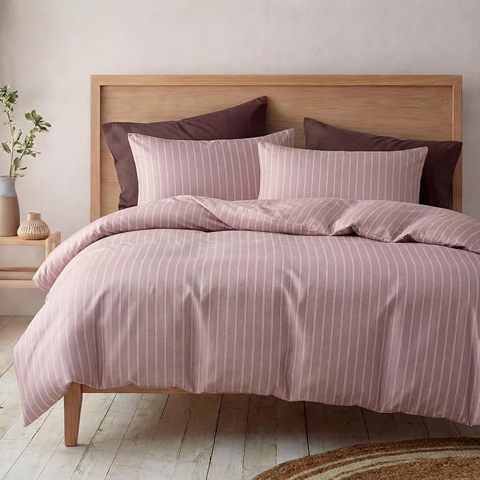 Bedbay Dusty Rose Striped Duvet Cover Set Queen Size, 100% Cotton Sateen Bedding Set, 300TC Soft Minimal Hotel Style Comforter Cover 3 Pieces for All Seasons