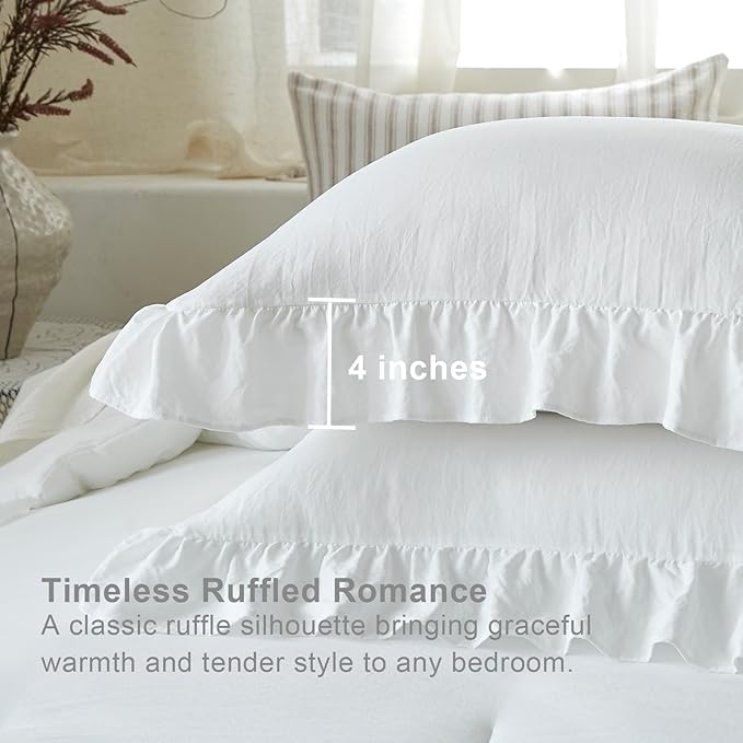 White Ruffle Comforter Set Twin, Pre-Washed Shabby Chic Bedding Set, Lightweight Cottagecore Soft Romantic Cozy 1 Comforter & 1 Sham, All-Season