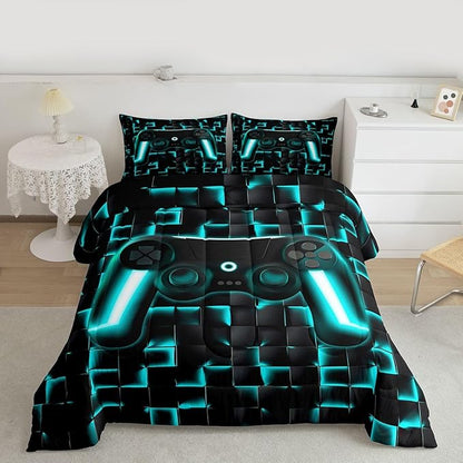 Erosebridal Gaming Bedding Set Full Comforter Set for Boys Kids Geometric Gamer Bedding Sets Teal Black Ombre Checkered Gamepad Quilt Duvet Neon Game Console Bed Cmforter Set 3 Pcs