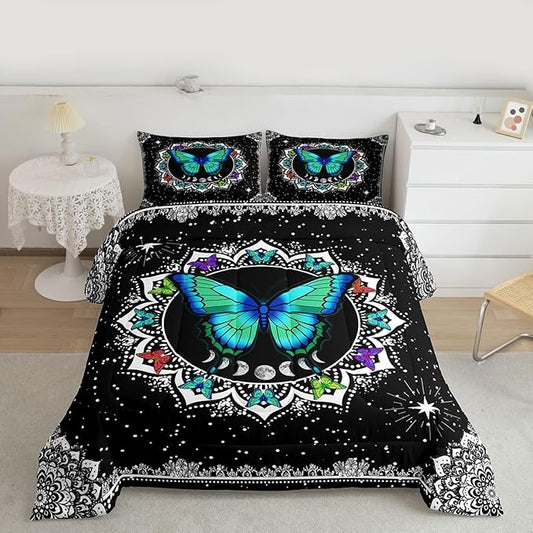 Erosebridal Butterfly Bedding Set Queen Size Galaxy Duvet Set Starry Sky Comforter Sets Boho Colorful Wild Animals Down Comforter for Moth Moon All Season Mandala Black White Duvet Set