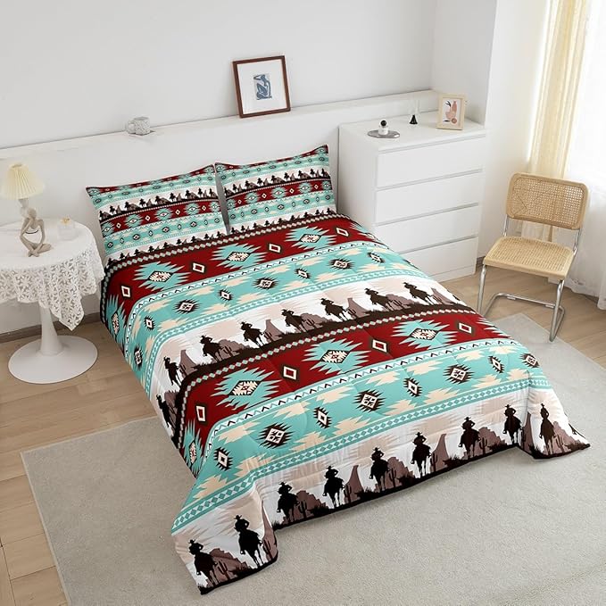Feelyou Boho Comforter Set Full Size Horses Comforter Southwestern Native Aztec Bedding Set Farmhouse Wildlife Duvet Set Room Decor Light Blue Quilt Set