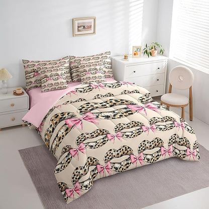 jejeloiu Leopard Kiss Lips Bedding Set 7Pcs King Size Kids Pink Bow Comforter Set with Sheets for Boys Girls Vintage Bed in a Bag Soft Lightweight,Microfiber