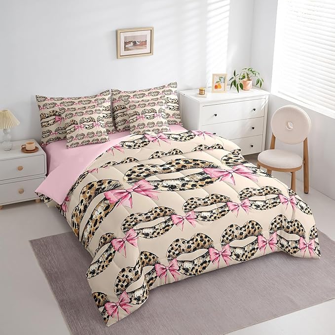 jejeloiu Leopard Kiss Lips Bedding Set 7Pcs Twin Size Kids Pink Bow Comforter Set with Sheets for Boys Girls Vintage Bed in a Bag Soft Lightweight,Microfiber