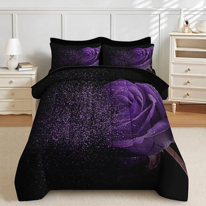 Nesker Comforter Set Queen Size, Purple Rose 7 Pcs Bedding for Kids and Adults, Fantasy Dream Flower Bed Sheet Sets with Fitted Sheet 2 Pillowcases & 2 Shams