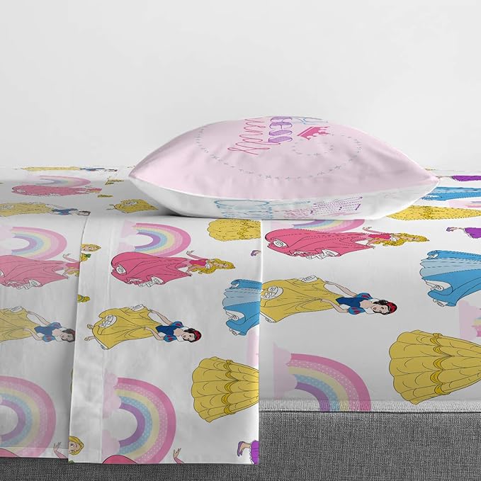 Jay Franco Disney Princess Rainbow 5 Piece Twin Bed Set - Includes Comforter & Sheet Set - Bedding Features Aurora, Belle, & Cinderella - Super Soft Fade Resistant Microfiber