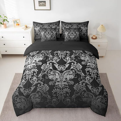 Erosebridal Gothic Damask Bed in a Bag King Size Comforter Set 7 Pieces,Butterfly Skull Bedding Sets White Black Victorian Floral Goth Sheet Set with Comforter