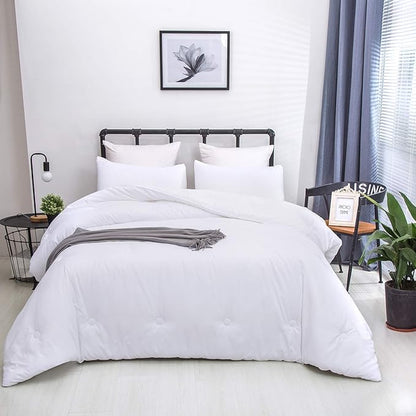 KAREVER White Comforter Set Twin Bedding Set Girls Soft Bed Comforter Set Breathable Blanket Boys True White Lightweight Quilts Set Twin Size