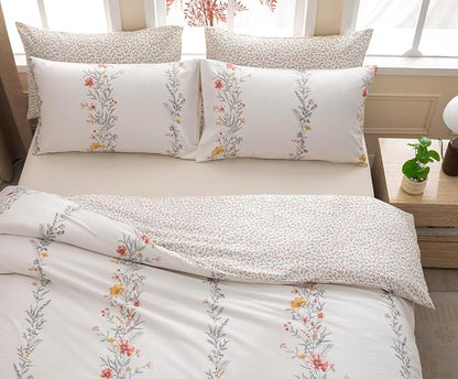SLEEPBELLA Duvet Cover Set, 600 Thread Count Cotton Red & Yellow Floral Pattern Flower Reversible Comforter Cover (Twin, White Floral)