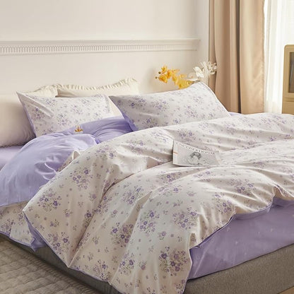 HighBuy Boho Floral Comforter Set Queen Purple Flower Bedding Comforter Set Comfy for Queen Bed,Luxurious Soft Floral Comforter with 2 Pillowcases Women Girl Botanical Cooling Comforter Sets