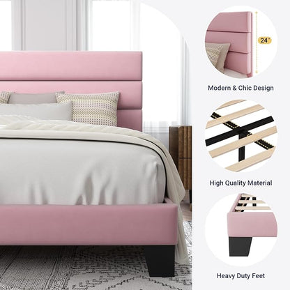 Allewie Full Size Platform Bed Frame with Velvet Upholstered Headboard Pink | Wooden Slats Support, Fully Upholstered Mattress Foundation, No Box Spring Needed, Easy Assembly, Noise-Free, Pink