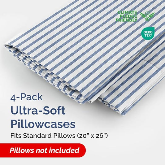 Standard Pillow Cases Set of 4 - Soft Hotel Quality Pillowcase Covers - Comfy, Cozy Bedding for Women, Men, Kids & Teens - Machine Washable Pillow Protectors - 4 Piece - Standard Size Blue Stripes