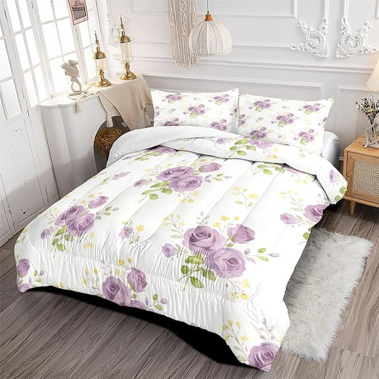 Purple Roses Comforter Sets King Size, Vintage Floral Bedding Set 3 Pieces with 1 Comforter (104" x 90") and 2 Pillowcases for Girls Bedroom Decor