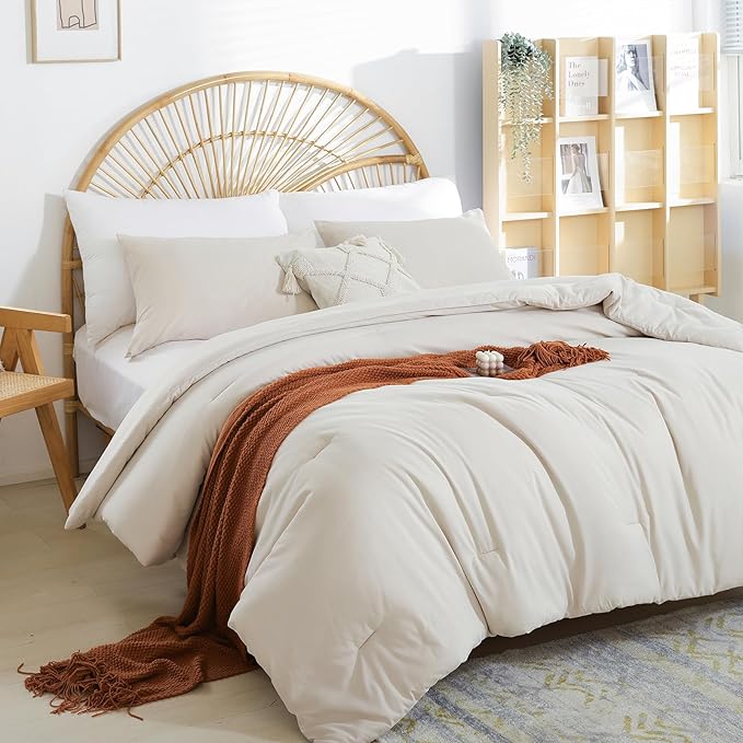 weigelia Beige Comforter Queen Size 3PCS Bed Comforter with 2 Pillowcases - Ligtweight Soft Solid All Season Queen Comforter Bed Set - Boho Aesthetic Bedding Set for Men and Women