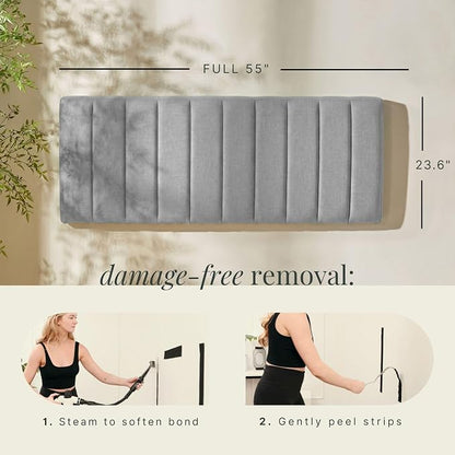 Hearth & Harbor Wall Mounted Full Headboard Only, Bed Headboard Full Size | Easy Assemble, Floating Peel and Stick, Upholstered, Channel Stitched, 3D Wall Panels, 5 Strips of 3M Tape Included, Silver