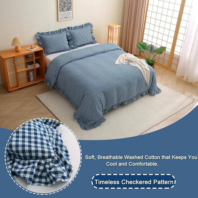 Navy Blue/White Plaid Ruffle 3-Piece Duvet Cover Set King Size,Washed Cotton Shabby Gingham Checkered Bedding Set Vintage Comforter Set