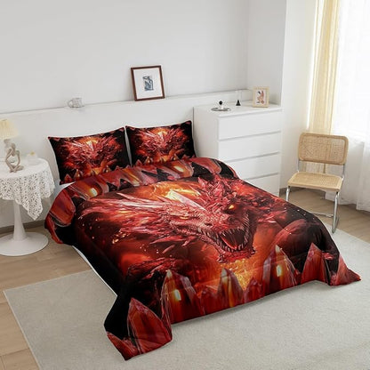 Castle Fairy Dragon Bed Comforter Set Queen Size,Flames Dragon Super Soft Microfiber Bedding Set for Adults Teens,Western Fierce Animals Comforter Set,2 Pillowcases