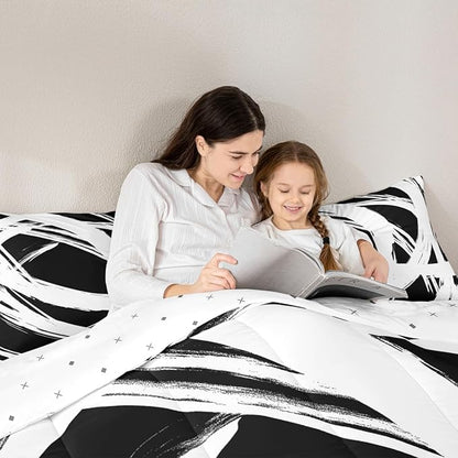 Erosebridal White and Black Abstarct Toddler Bedding Set,Aesthetic Geometric Comforter Set for Minimalists,Graffiti Stripes Lines Quilt,Contemporary Boho Modern Art Duvet Insert for Minimalism