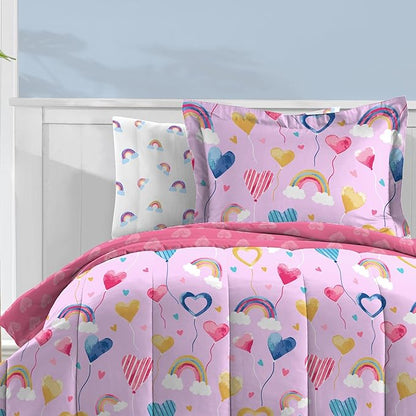 Dream Factory Kids 7-Piece Complete Bed Set Easy-Wash Super Soft Microfiber Comforter Bedding, Full, Lilac Balloon Hearts
