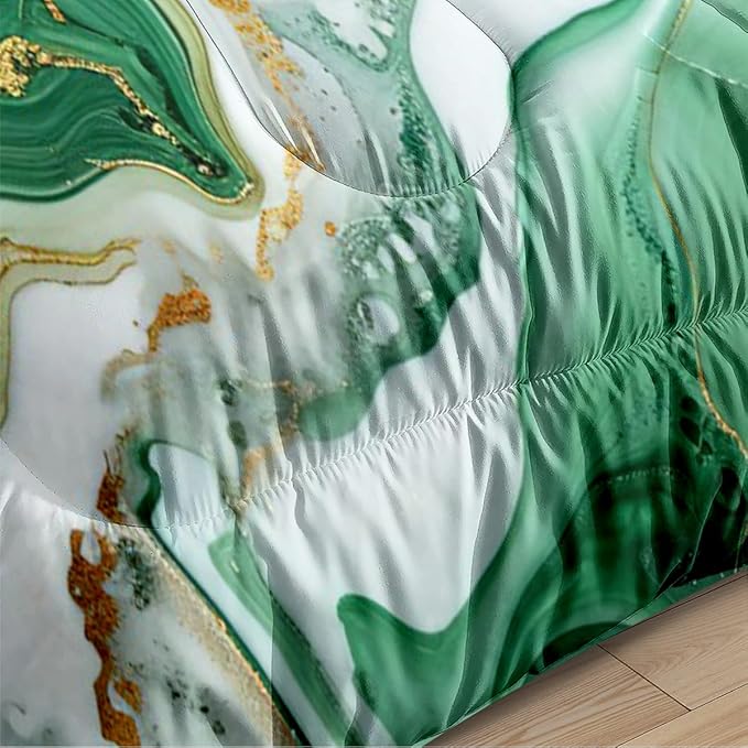 Green Marble Comforter Set King Size,Emerald Green Marble Print Bedding Set,Green White Gold Watercolor Fluid Luxury Bedding Decor Abstract Comforter with 2 Pillowcases