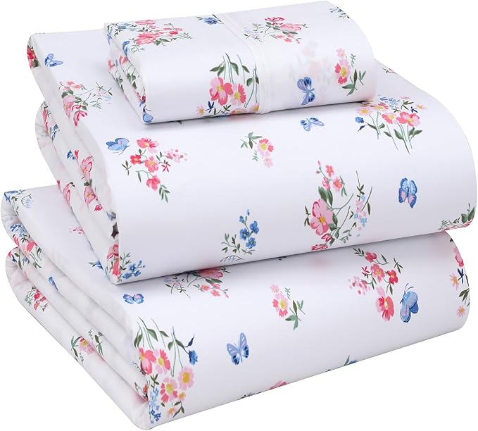 RUVANTI 100% Cotton Sheets – Twin XL Size Percale Bedding, Cooling & Breathable Floral Design, Durable with a Crisp, Soft & Comfortable Feel, 16" Deep Pocket, 3-Piece Set, Funa Flora