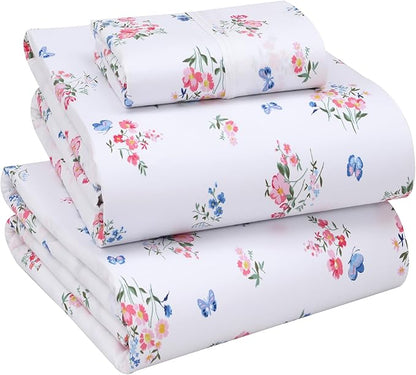 RUVANTI 100% Cotton Sheets – Twin XL Size Percale Bedding, Cooling & Breathable Floral Design, Durable with a Crisp, Soft & Comfortable Feel, 16" Deep Pocket, 3-Piece Set, Funa Flora