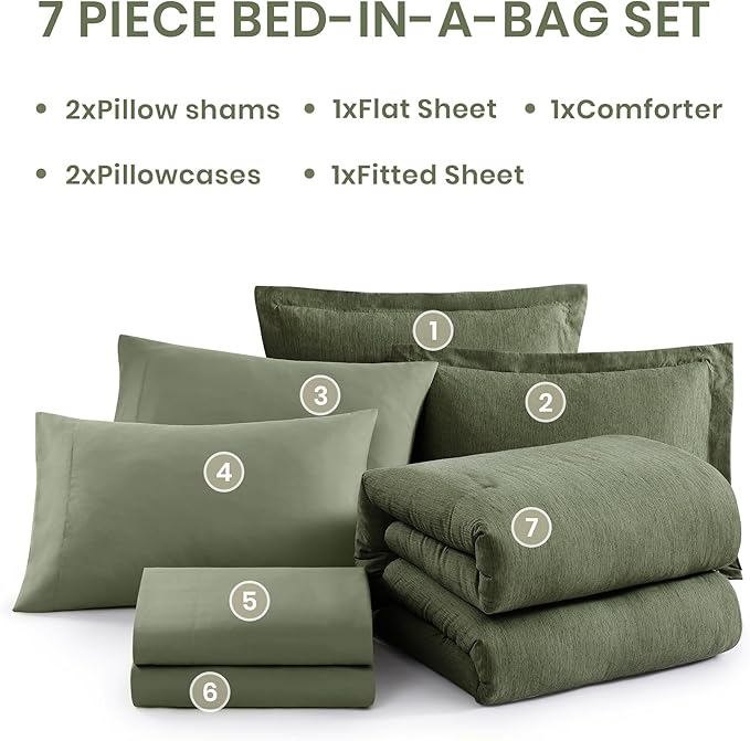 Monbix Oversized Queen Comforter Set - 7 Pieces Cationic Dyeing Olive Green Bed in a Bag Bedding Sets with Comforter, Sheets, Pillowcases & Shams, Reversible Bedding Comforters Sets