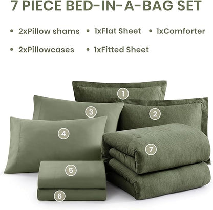 Monbix Oversized Queen Comforter Set - 7 Pieces Cationic Dyeing Olive Green Bed in a Bag Bedding Sets with Comforter, Sheets, Pillowcases & Shams, Reversible Bedding Comforters Sets