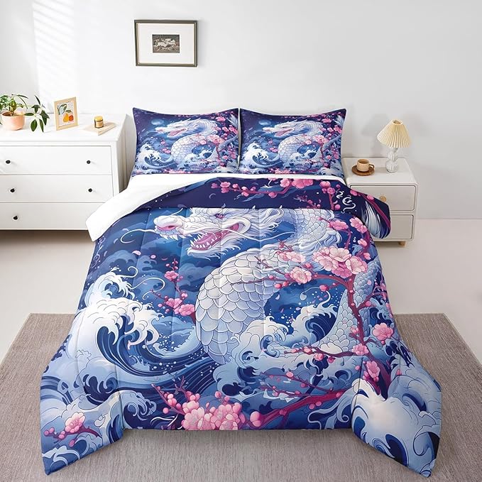 Dragon Comforter Set Queen Size,Japanese Style Pink Cherry Blossom Bedding Set 3Pcs,Kids Girls Boys Teens Bedroom Decor,Blue Sea Waves Quilt Set Magical Wild Animals Duvet Insert,2 Pillowcases