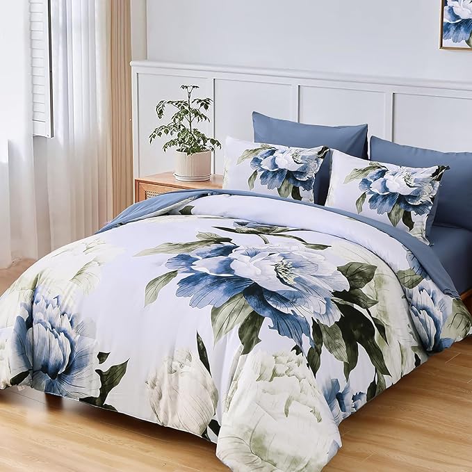 Dobuyly California King Comforter Set 7 Piece Bed in a Bag, Blue Floral Printed on Light Blue Cal King Comforter Set with Sheets, Soft Microfiber Botanical Complete Bedding Set for All Season