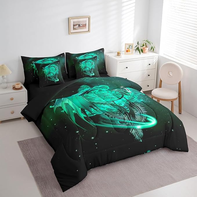 Erosebridal Gothic Dragon Dream Catchers 7 Piece Comforter Set Full Bed in a Bag,Teal Galaxy Bohemian Feather Bedding Sets Antique Animal Pterosaur Sheet Set with Comforter
