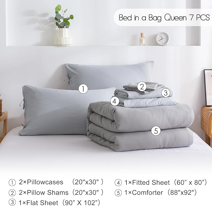 COTTEBED Ultra-Soft Bed Sets Queen with Comforter and Sheets - All Season Use 7 Pieces Bed in a Bag, Aesthetic Solid Polycotton Dark Grey Queen Comforter and Light Gray Bedding Sheet Sets Pillowcase