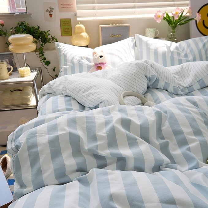 EAVD Retro Blue Striped Duvet Cover King Soft Washed Microfiber Reversible Vertical Striped Percale Bedding Set with 2 Pillowcases Farmhouse Geometric Duvet Cover with Zipper Closure