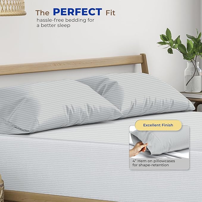 Thread Spread 100% Egyptian Cotton Pillow Cases Queen Size Set of 2 - Luxury 600 Series Bliss Collection Queen Pillow Cases (Silver Grey Stripe), Soft Cooling Hotel Cotton Pillowcases, Sateen Finish