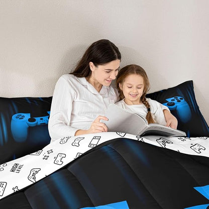 Feelyou Boys Gamer Comforter Set Toddler Size Bedding Set for Kids Gaming Comforter Blue Black Video Games Gamepad Room Decor for Teens Child Super Soft Geometric Duvet Quilted Son Grandson Gift