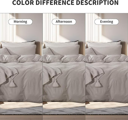 NEXHOME PRO Duvet Cover Full Size, 100% Washed Cotton Orgnic Linen Like Textured Breathable Durable Comfy, Cream Grey