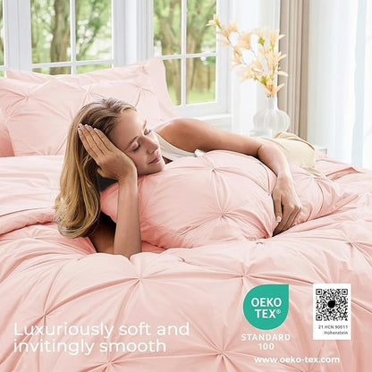 Sasttie Queen Comforter Set, 7-Piece Bed in a Bag, Pintuck Bedding Sets for All Season, Includes Comforter, Flat Sheet, Fitted Sheet, Pillowcases and Pillowshams, Blush Pink